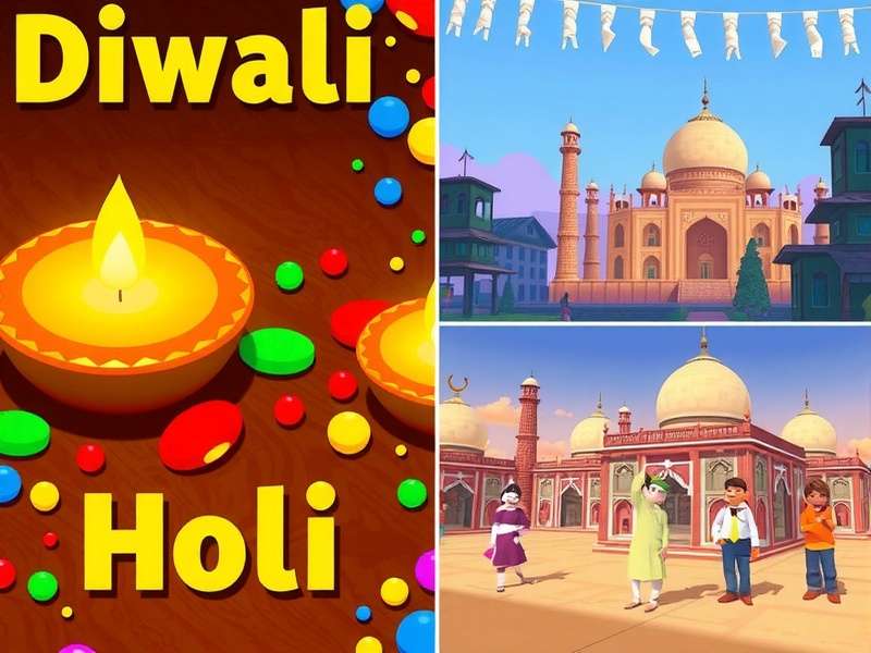 Township - Indian Festival Celebrations Township festival event collage showing Diwali, Holi, and Eid celebrations in the game
